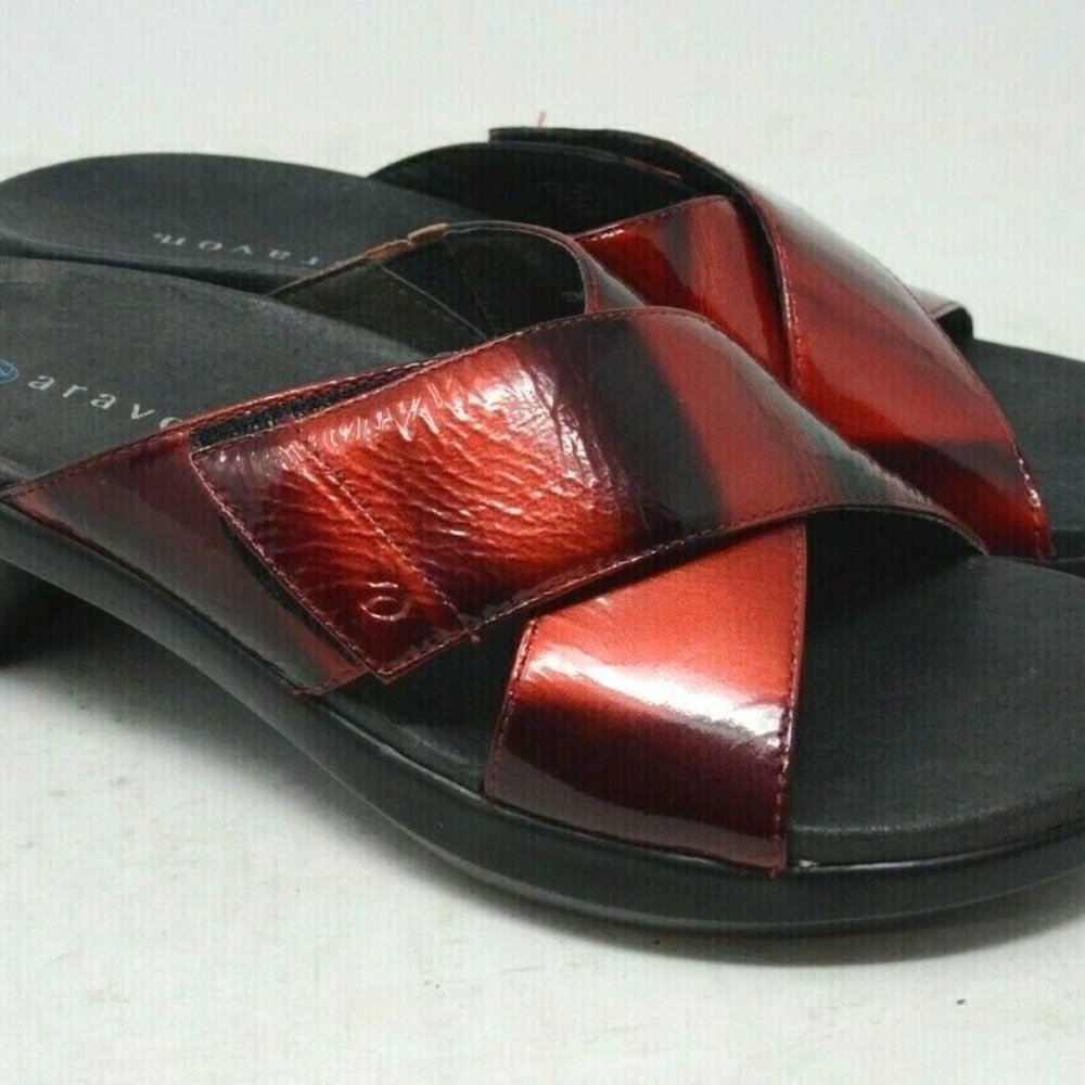 ARAVON Women's "Paola" Red & Black Patent Slip-On Leather Sandals NWOT Size 10